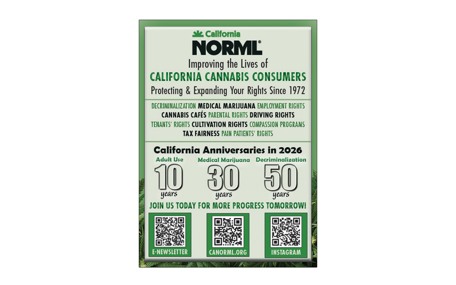 An advertisement for California NORML with logo, and "Improving the Lives of California Cannabis Consumers Protecting & Expanding Your Rights Since1972 Decriminalization Medical Marijuana Employment Rights Cannabis Cafés Parental Rights Driving Rights Tenants’ Rights Cultivation Rights Compassion Programs Tax Fairness pain patients’ rights California Anniversaries in 2026: adult use 10 years, medical marijuana 30 years, decrimilization 50 years Join Us today for More Progress Tomorrow!" Three QR codes to e-newsletter, canorml.org, instagram.